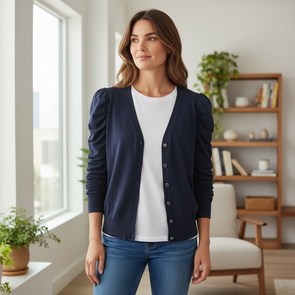 CAbi navy button-front cardigan with puff sleeves